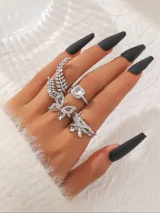 Women's Elegant Rhinestone Decorated Ring Set, Exquisite Trendy Leaf & Bow & Butterfly Design Rings, Statement Rings, Fashionable Jewelry for Women As Gift