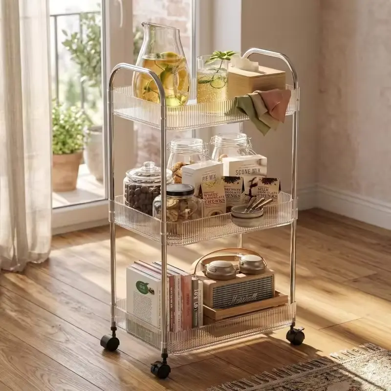 Clear 3 Tier Rolling Cart with Lockable Wheels and Handle for Kitchen Bathroom Nursery Laundry Storage Organizer