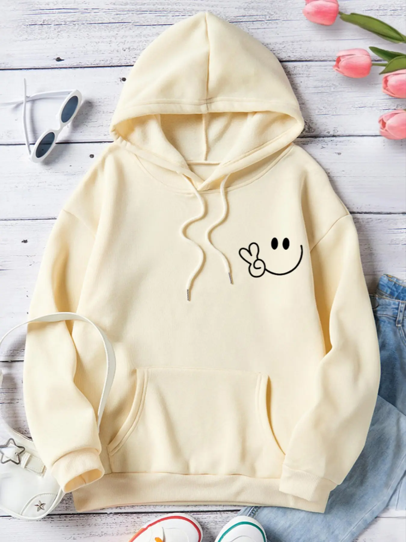 Women's Retro Smiley Face Print Hoodie, Fall & Winter Loose-Fit Thick Fabric, Casual Streetwear Sweatshirt for Women, Womenswear