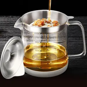 1L/35oz Glass Bacon  Container with Strainer, Cooking Oil Storage Can with Fine Mesh Filter and Scale, Lid and Easy-Grip Handle, Separator for Storing , Frying Oil and Cooking