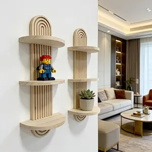 Bohemian Style Solid Wood Wall Shelf - Multi-Tier Wood Shelf Unit with Wood Grain, Layered Storage Suitable for Living Room, Bedroom, Entryway - Space-Saving Modern Decor for Books, Plants, Décor