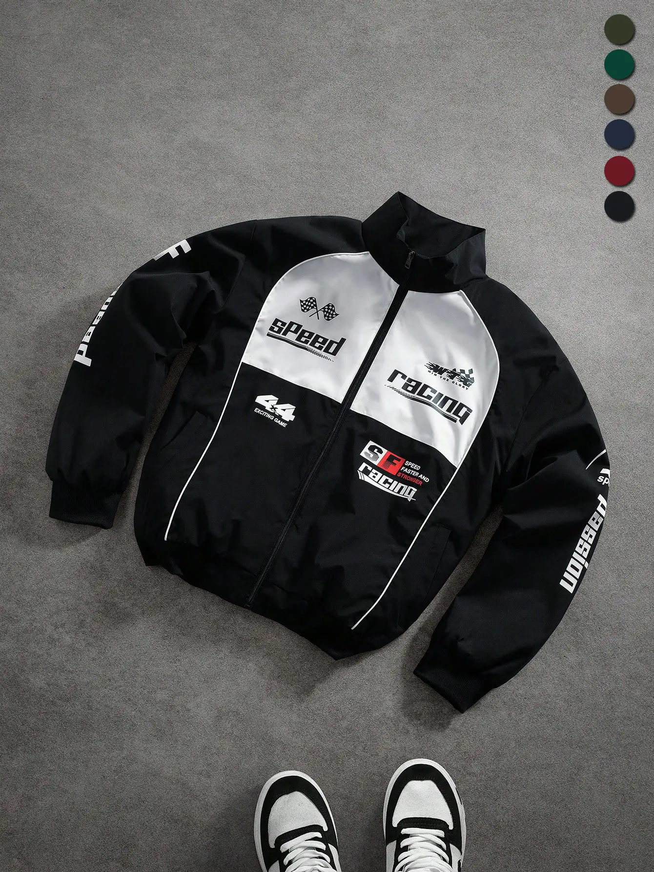 Men’s American vintage racing-style motorcycle jacket with trendy color-block letter print, zipper design, loose fit, street style—fashionable casual men’s outerwear.