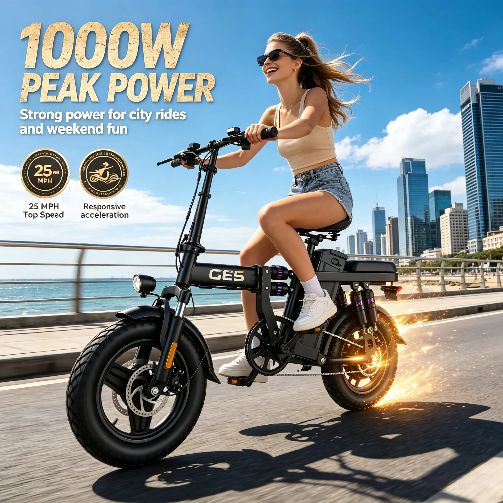 Unisex Adult Size Step-Through GE5 Urban Folding Electric Commuter Bike, 750-1000W Peak Motor, 45-Mile Max Range, 14" Tubeless Tires, Dual Disc Brakes, UL-Certified Removable Battery, Practical Lightweight Compact Design