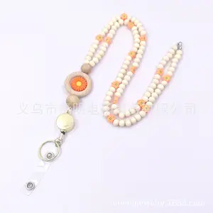 Silicone Flower Wooden Bead Work ID Badge Lanyard Necklace ID Badge Easy Pull Buckle Sweater Long Necklace Hot Item