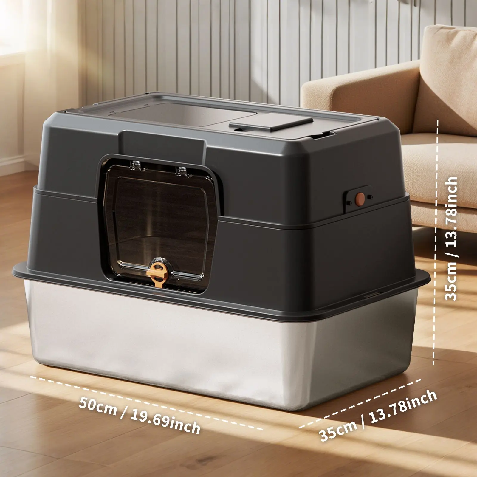 Black Stainless Steel Fully Enclosed Front Entry Closed Box Litter Box with High Sides for Litter Scattering Prevention, Stink Control, Durable Construction, Easy Clean, Closed Box Litter Boxes, Stink Control Litter Boxes