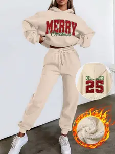 Christmas Fashion Trendy Sweatshirt Pants Set, Front Back Print Merry Christmas Letters, Hooded Sweatshirt Two-Piece Set for Women
