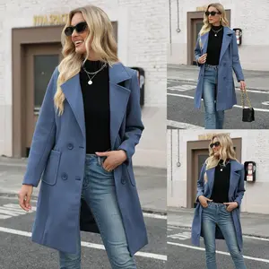 Women’s Winter Wool Blend Camel Mid-Length Coat, Double-Breasted Lapel Jacket with Notched Lapels, Polyester Outerwear