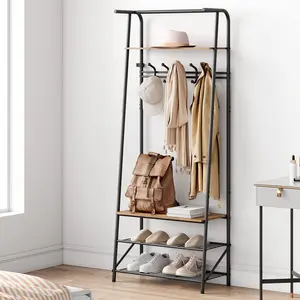 【GARVEE】Multifunctional Coat Rack Shoe Bench with 5 Hooks + Wood Look + Metal Frame + Top Shelf + C-shaped Hooks + Sturdy Frame + Entryway Organizer