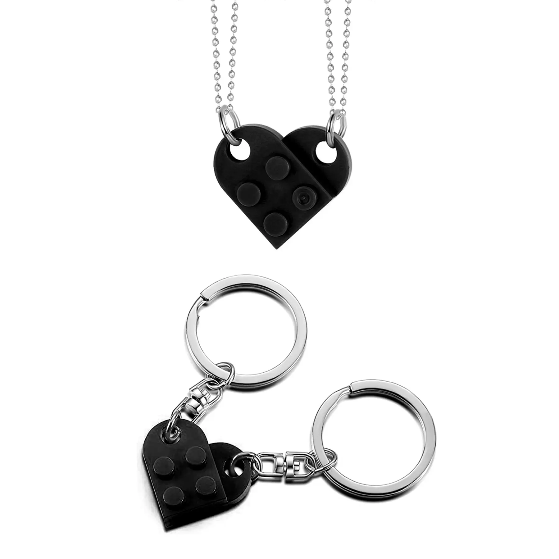 OIDEA Couple's Heart Locket Necklaces & Keychain Set, Detachable 2 Interlocking Building-Block Split Hearts with Sturdy Brass Hardware & Acrylic, Romantic Matching Gift for Valentine's Day, 2.75x0.98in, Valentines Day, Anniversary, Birthday, Pendant, 16.5