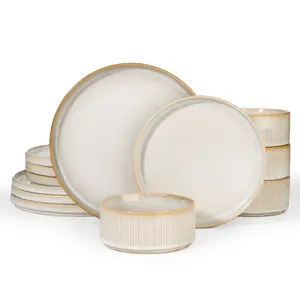 Famiware Star 12 Piece Dinnerware Sets, Plates and Bowls Set For 4, Double Reactive Glaze Dishwasher Safe and Microwave Safe