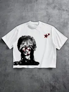 Men's Y2K Star Graphic Crop T-Shirt, Grunge Portrait Print Short Sleeve Tee For Casual Streetwear & Daily Wear