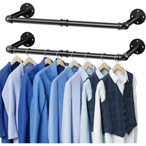 38.4 Inch 2 Pack Wall Mounted Industrial Pipe Black Clothes Rack Multi-Purpose Clothing Hanging Rod for Closet
