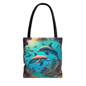 Underwater Dolphins Illustration Tote Bag | Colorful Ocean Scene, All-Over Print