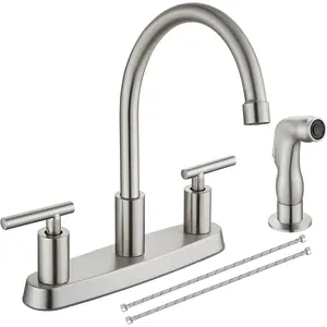 Kitchen Faucets, High Arc 360?Rotating Spout Kitchen Sink Faucet, 2 Handle 8 Inch Centerset RV Kitchen Faucet with  Lines, 3 or 4 Hole Kitchen Faucet with Side Sprayer, Brushed Nickel
