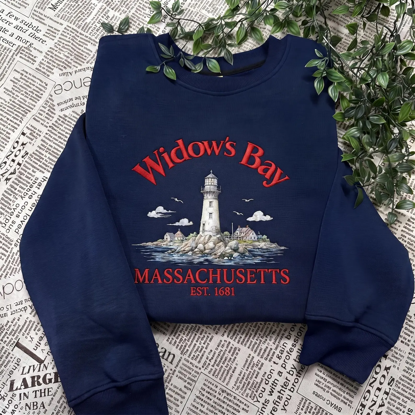 Widow’s Ba-y Massa-chusetts Embroidered Sweatshirt Embroidered Sweatshirt and Hoodie, Coastal Horror TV Show Shirt