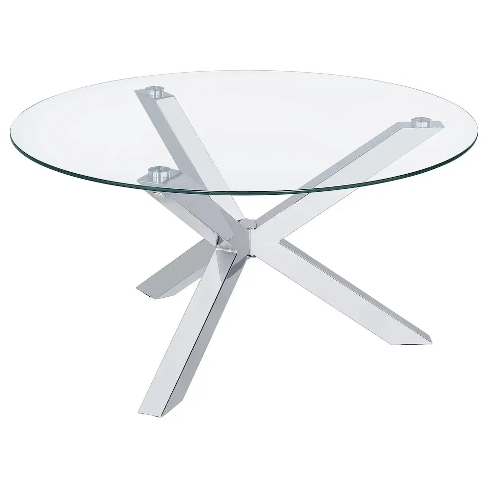 Kenzie Round Tempered Glass Top Cocktail Table with Chrome Base, Heavy Gauge, for Minimalist Living Room Indoor Furniture, Round Top