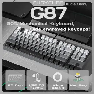 FURYCUBE G87 Mechanical Gaming Keyboard – 87 Keys, Gasket Mount Structure, Side-Engraved Keycaps, 5-Pin & 3-Pin Hot-Swappable Silver Switches, Gradient Type-C to USB Cable, Compatible with Windows & Mac