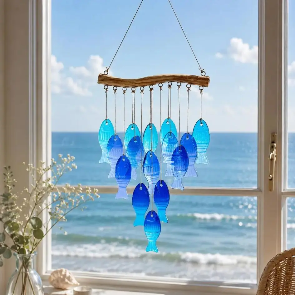 Coastal Fish Wind Chime Hanging Decor, Blue Glass Style Fish Mobile for Garden Patio Porch Balcony, Nautical Beach Wind Chime Outdoor Hanging Ornament, Handmade Blue Glass Fish Wind Chime, Blown Glass Sun Catcher, Beach House Garden Hanging Gift