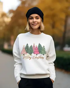 Crewneck Sweatshirt Merry Christmas-Multi Color Christmas Trees Cotton Womenswear