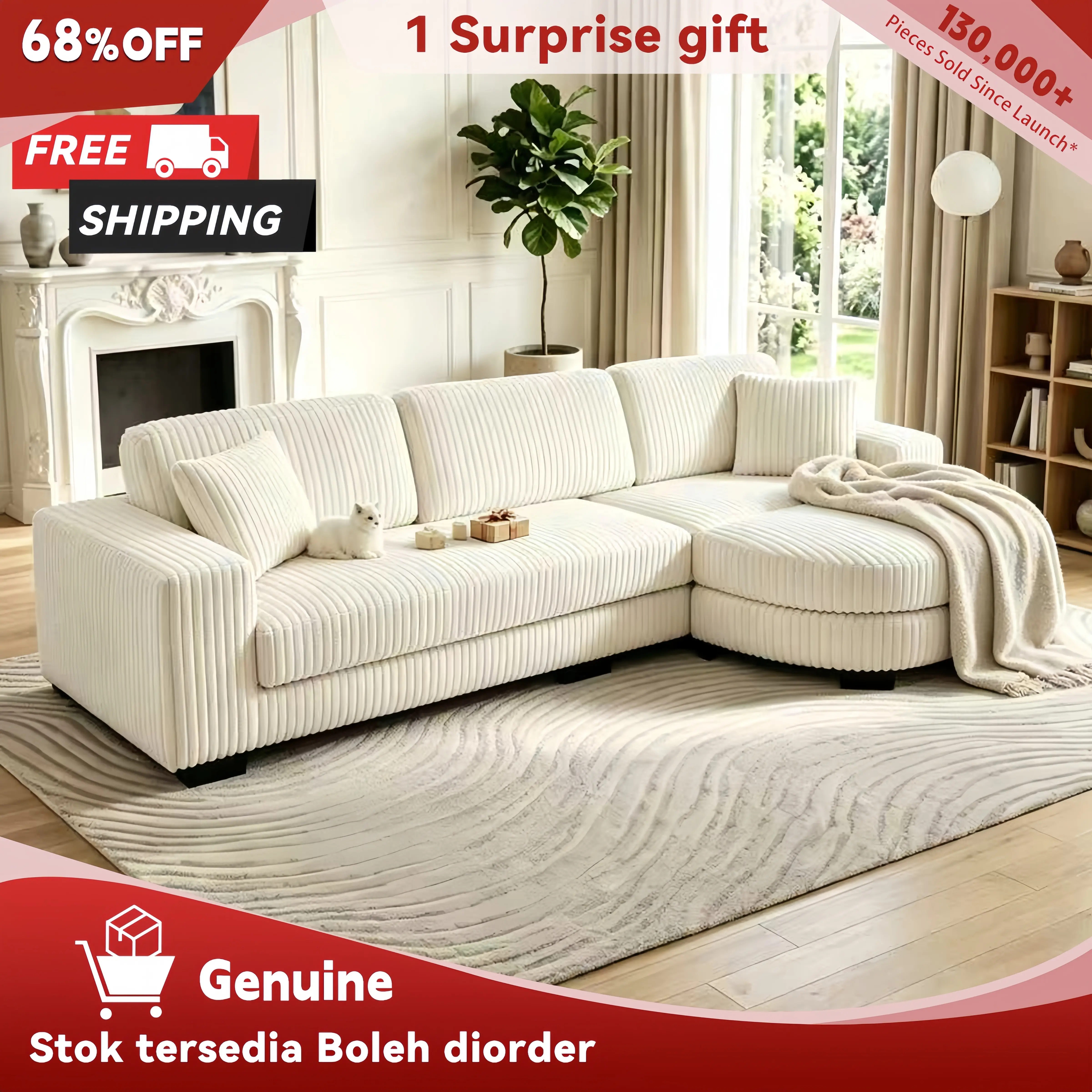 【Sub 3 packages】Niccae Modern Floor Sofa with 2 Pillows, Convertible Teddy Fabric Foam Filled Sleeper Sofa, Corduroy Tufted Upholstered Lounger, L-Shaped Modular Sectional with Ottoman, Left & Right Placement, Home Office Living Room Bedroom Apartment, Co
