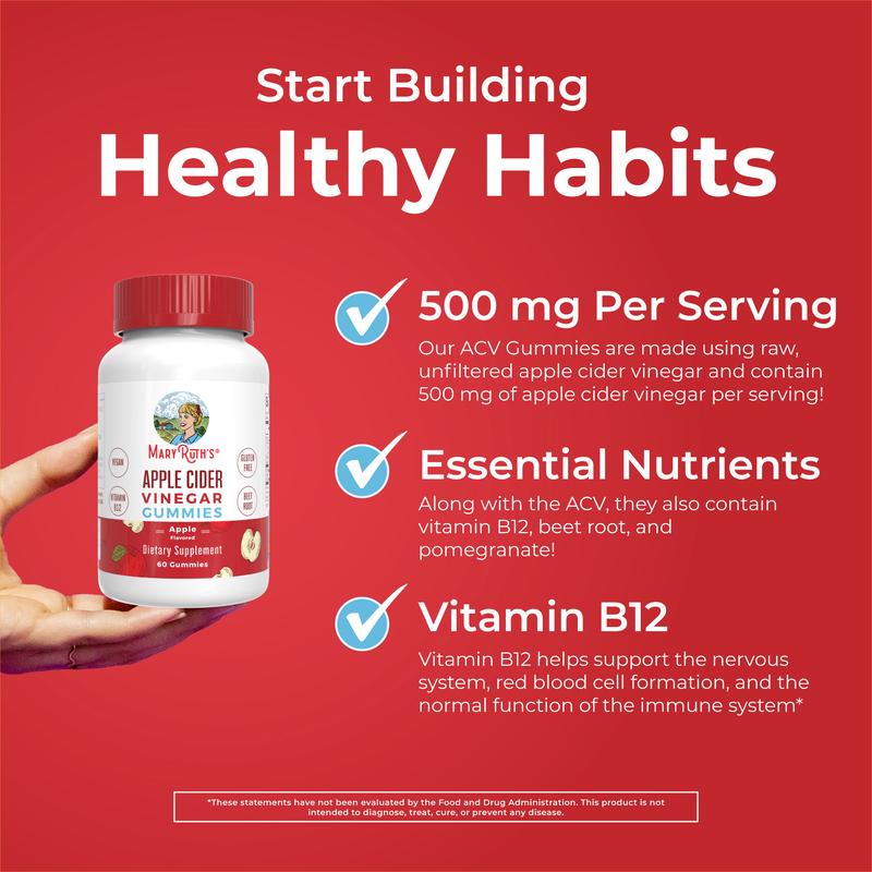 MaryRuth's Apple Cider Vinegar Gummies - With Vitamin B12 for Immune Support & Energy Metabolism - Beetroot - Pomegranate - Sugar Free - 30 Servings