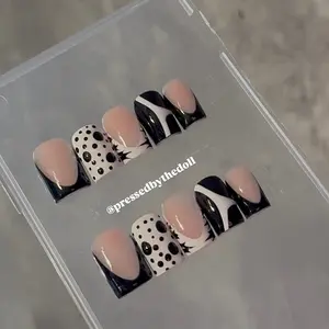 Square Black & White Pattern Nails | Gel-x Press Ons |