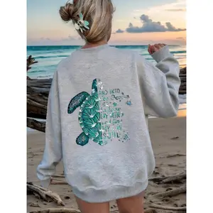 Women's Coastal Cowgirl Aesthetic Ocean Turtle Graphic Long Sleeve Sweatshirt - Soft Fleece, Oversized Round Neck Pullover, Ideal for Beach Days, Coastal Vacations, Outdoor Loungewear