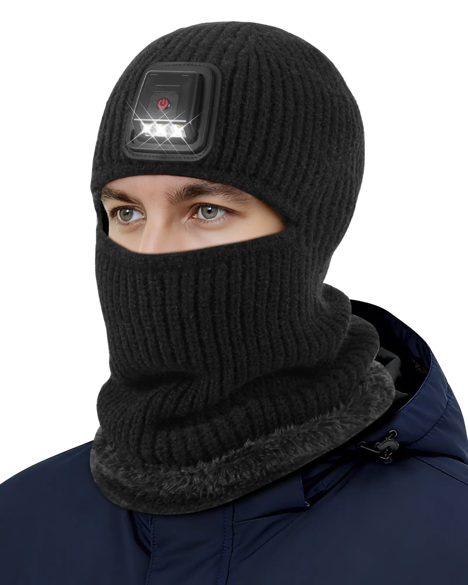 Rechargeable LED Light Up Beanie Hat with Headlamp, Unisex Thermal Knitted Ski Mask, Fleece Lined Full Face Cover control touch
