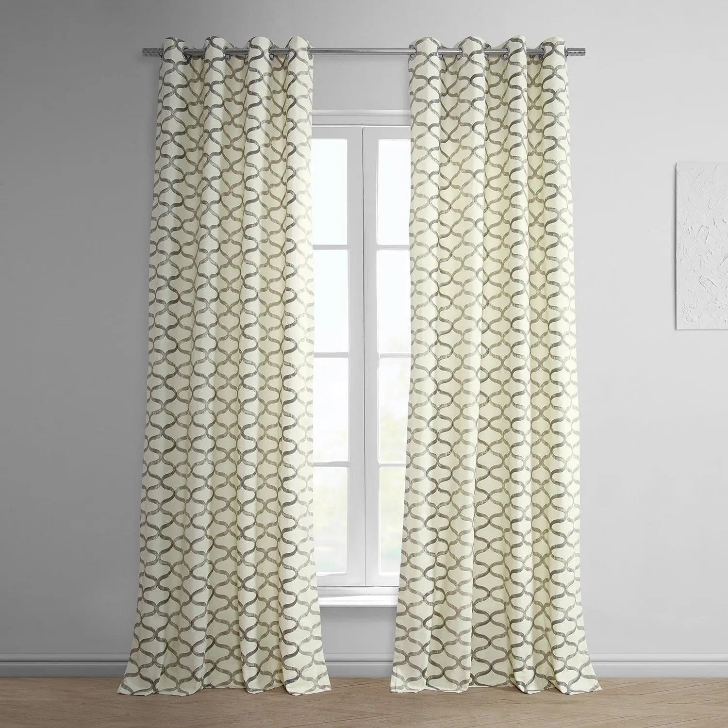 Grommet Curtains - Modern Silver Grey Geometric Printed Cotton Fabric Drapes, Privacy Block Home Office Window Treatments, Dry Clean Only (Half Price Offer), Home Office Inspo