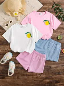 Girls' Lemon Print Two-Piece Set, Summer Fashion Simple Style, Short Sleeve T-Shirt & Striped Shorts, 2 Sets for Kids