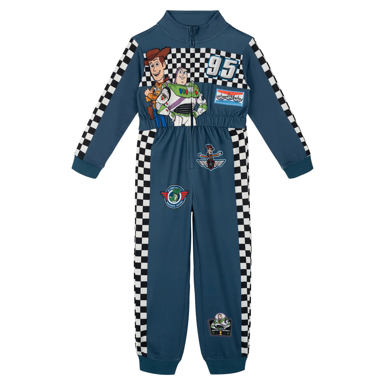 Disney Toy Story Boys' Long Sleeve Bomber-Style French Terry Zip-Front Toddler Overalls, Checkerboard Racing Stripes, Elastic Waist, Woody & Buzz Characters, Navy Blue, Pit Crew Look, 3-4Y/4T, Machine Washable, for Active Play, Sports & Hobbies