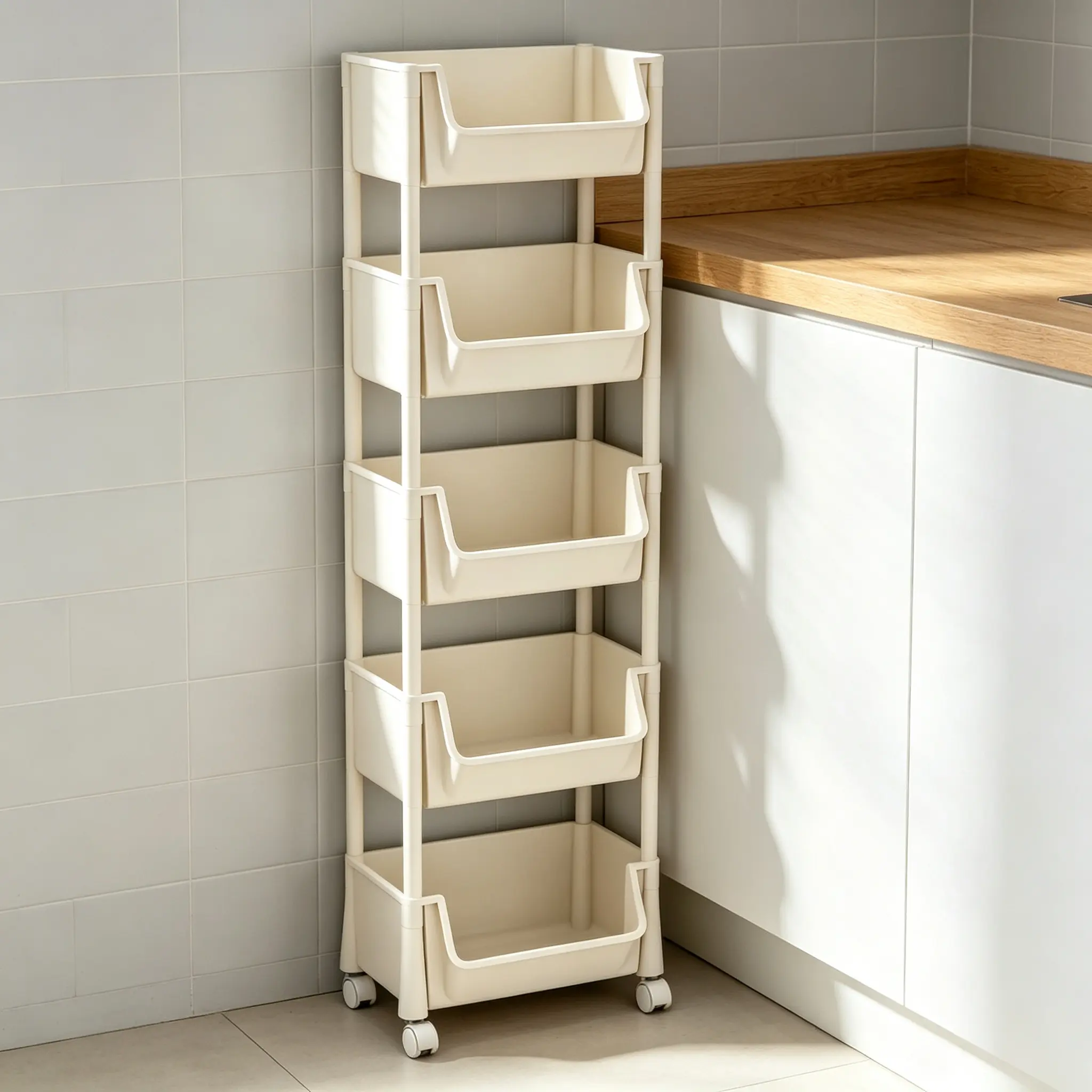5-Tier Rolling Storage Cart with Wheels, Large Capacity Multifunctional Plastic Layered Shelf Organizer, Space-Saving Utility Cart for Kitchen Pantry, Bathroom & Home Room Storage