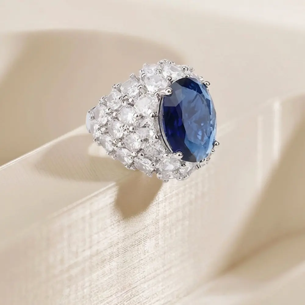 Women’s Wide Band Open Adjustable Artificial Gemstone Ring - Zinc Alloy Gold Tone, Oval Cut Prong-Set Blue Crystals, Cubic Zirconia, VVS1 Clarity Lab-Grown Ruby Solitaire Rings for Engagement, Everyday Wear anniversary will work jewelry birthstone