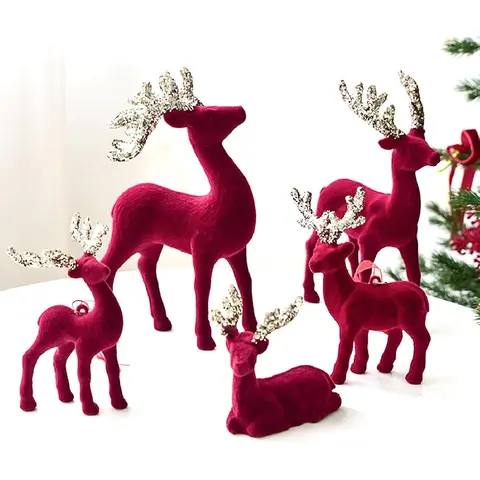 Unisex 5 PCS Bristle-Free Velvet Red Ornaments Set - ABS Plastic Standing Moose Shape, 3 Sparkling Antlers Reindeer Decoration, No Burrs, 1-2cm Size Difference, Durable Home Holiday Tree Supplies