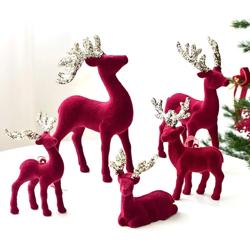 Unisex 5 PCS Bristle-Free Velvet Red Ornaments Set - ABS Plastic Standing Moose Shape, 3 Sparkling Antlers Reindeer Decoration, No Burrs, 1-2cm Size Difference, Durable Home Holiday Tree Supplies