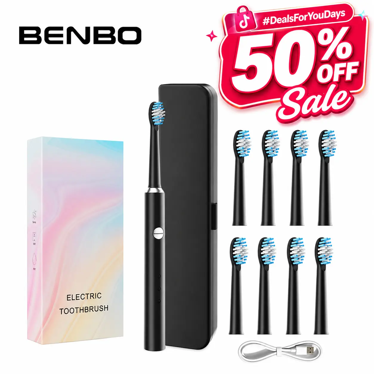 BENBO A12 Sonic Electric Toothbrush for Adults, Rechargeable Power Toothbrush with 8 DuPont Brush Heads, 3 Cleaning Modes, 3 Intensity Levels, IPX7 Waterproof, 30-Day Battery Life, Travel Case, Family Travel Luggage,Black