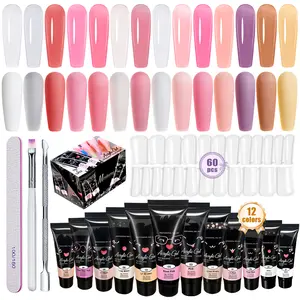 Poly Nail Gel Kit 12 PCS Diamond Poly Nail Gel Colors Nude Yellow Red Green Purple Blue Pink Glitter Poly Nail Gel Poly Extension Gel Nail Kit Gifts For Wome