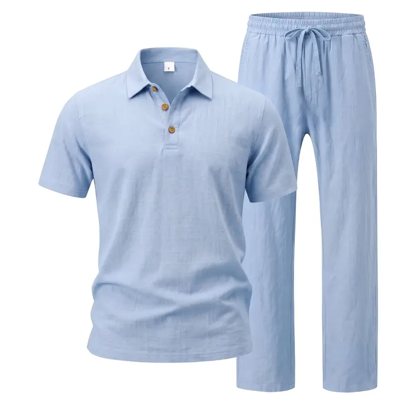 Men’s Linen Beach Two Piece Set, Casual Short Sleeve Button Down Shirt and Loose Long Pants Set, Lightweight Breathable Summer Outfit, Relaxed Fit Drawstring Loungewear for Vacation Travel Resort Daily Wear Comfortable Stylish