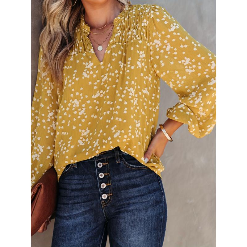 Chic Polka Dot V-Neck Blouse for Women - Casual Long Sleeve, Loose Fit Top with Pleated Detail, Machine Washable, ZAFUL