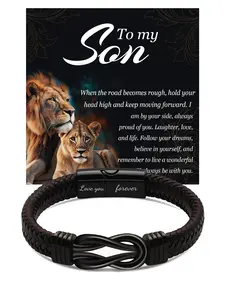 Men's bracelet in black premium gift box. Bracelet for son - an eternal symbol of love and encouragement. Lion father and son bracelet, birthday, anniversary. Fashionable Leather Braided Bracelet