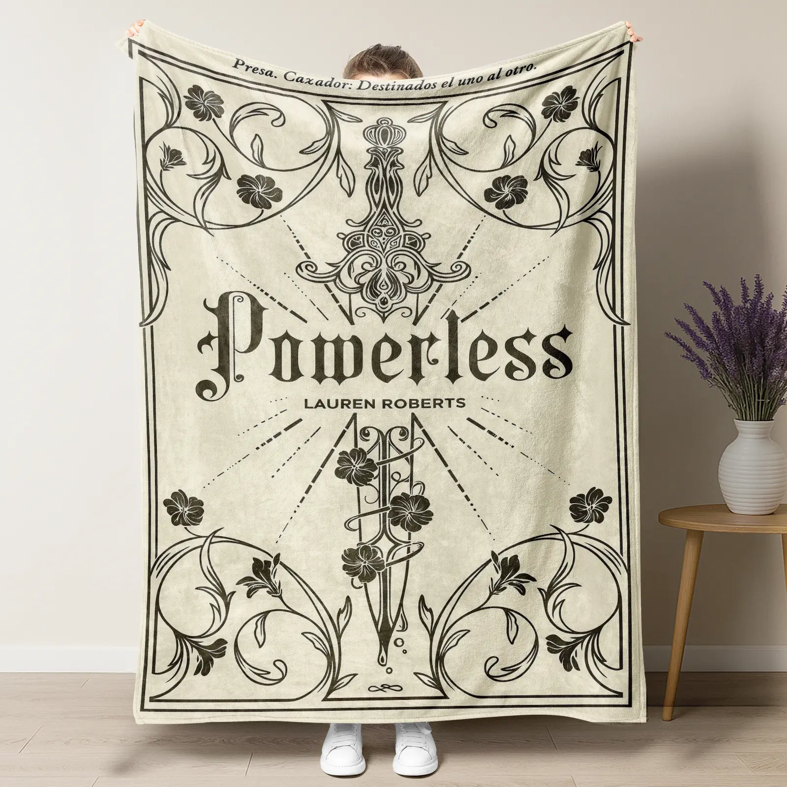 Ornate "Powerless" Fantasy Throw Blanket – Victorian Floral & Sword Design, Cozy Soft Blanket for Dark Academia & Romance Readers