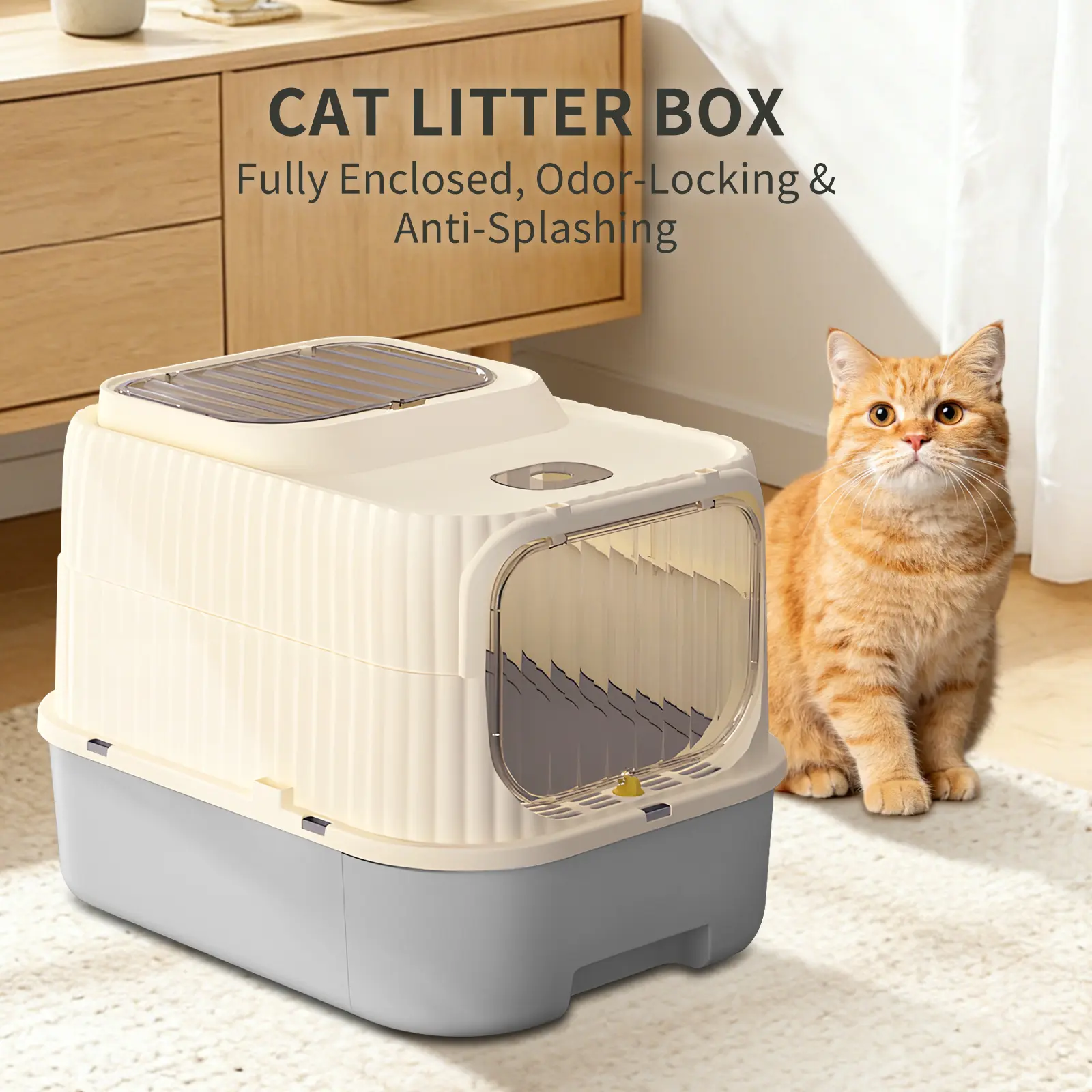 Large Fully Enclosed Drawer-Type Litter Box, Hooded Toilet with Anti-Splashing Sifting Step, 2-Way Door, Removable Easy-to-Clean Pan for Indoor Cats