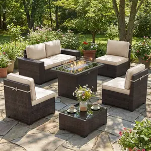 LayinSun 7 Pieces Outdoor Patio Furniture Set with 44" Fire Pit Table Rattan Sectional Sofa Conversation Sets