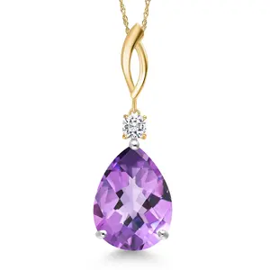 Gem Stone King 925 Silver and 10K Yellow Gold Purple Amethyst and White Moissanite Pendant Necklace for Women | 10.14 Cttw | Gemstone February Birthstone | Pear Shape Checkerboard 18X13MM | With 18 Inch Chain