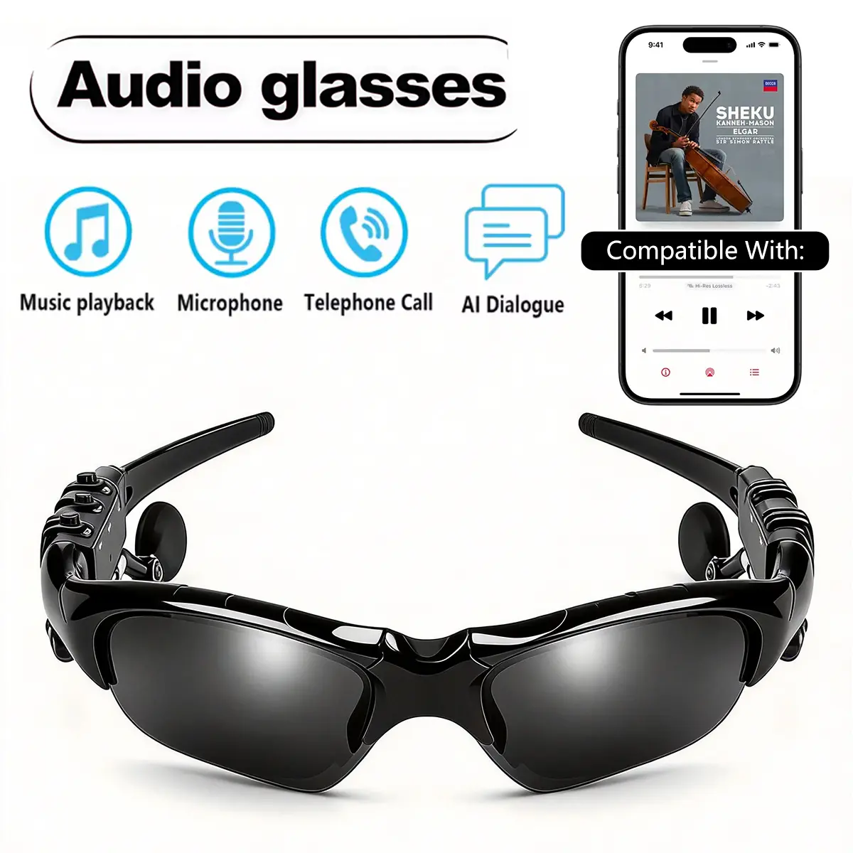 Smart Bluetooth Glasses, Smart Music Glasses,Wireless Headphone Glasses,Wireless Audio Sunglasses with Mic, Voice Assistant & Hands-Free Calls, UV Protective Smart Eyewear for Outdoor Travel Driving Gifts