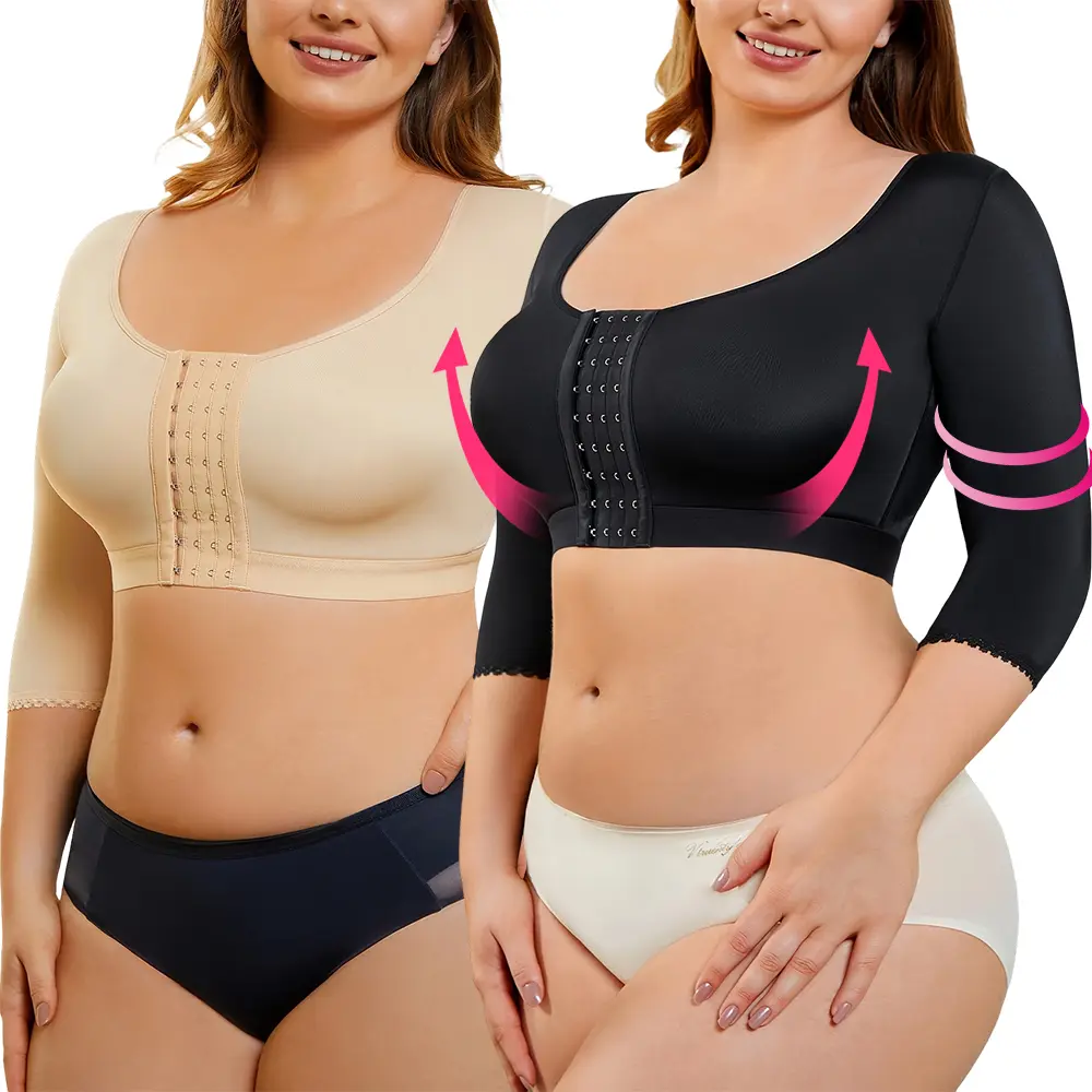 Women's Seamless Long Sleeve Nylon Wireless Compression Arm Shaper Top with Push-Up Bra - Posture Correction, Post-Surgery Support, Arm Slimming Post Surgery Bodysuit, Arms