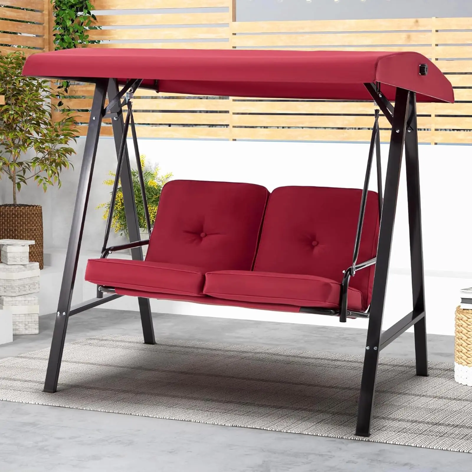 AECOJOY Outdoor Patio Swing Chair for Adults, 2-Seat Porch Swings with Adjustable Canopy, Outside Swing Bench with Removable Cushion, Suitable for Backyard, Garden, Yard, Poolside, Balcony