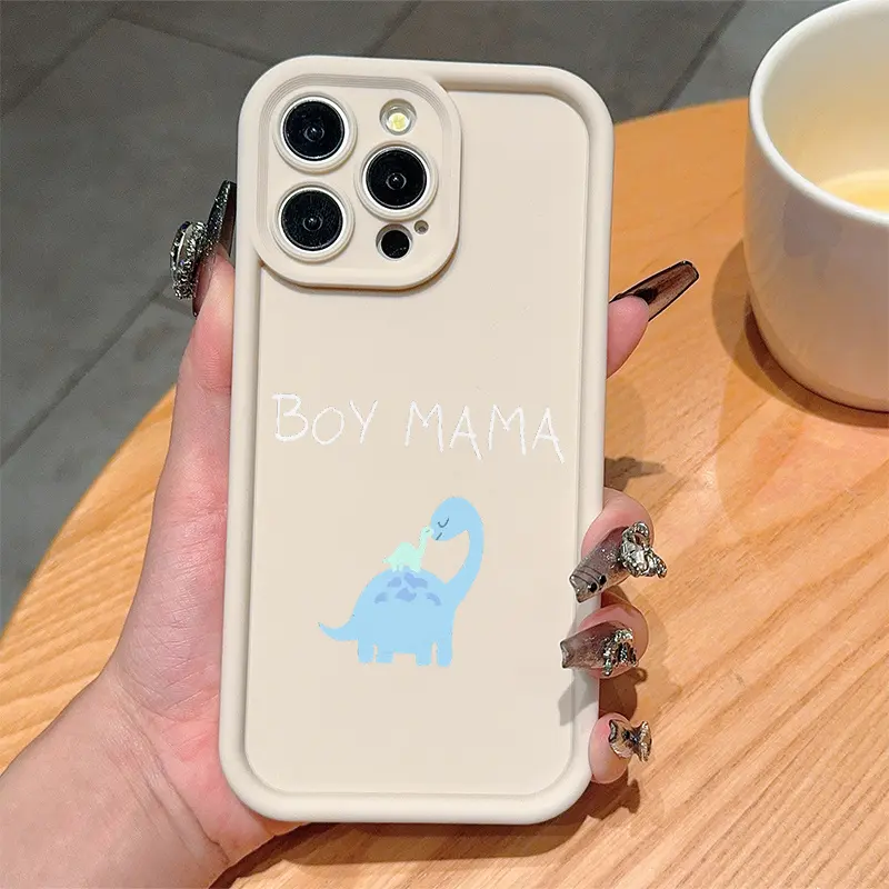 Beige Cute Dinosaur Boy & Mom Aesthetic Soft TPU Rubber Casing for iPhone 17 Pro Max,16,16e,15,14 Plus,13,12 Mini,11,Air,X,XS - 2D Printed, Camera Protection, Rugged Smartphone/Cellphone/Handheld Devices Cover Gift