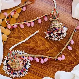 Nauratan Bahubali Earrings with Saharay, Multi Colored Earnings with Chain, Traditional Indian Style