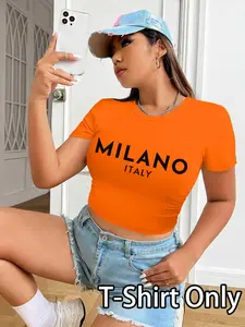 Women's Letter Print Round Neck Crop Tee, Casual Short Sleeve Crew Neck T-shirt for Summer, Fashion Women's Top for Daily Wear, Tops for Women